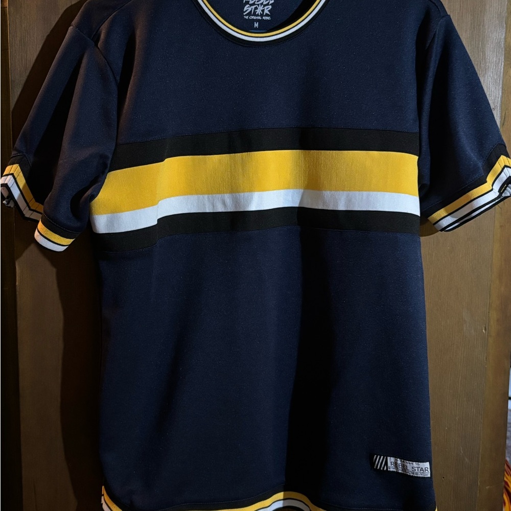 Rebels Dark Blue Tee with Yellow and White Stripes